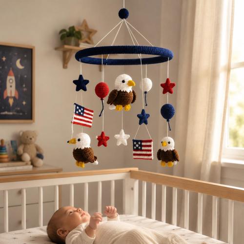 Crochet Eagle Baby Mobile, Star Spangled Americana Crib Hanging, Patriotic Balloon and Flag Nursery Art