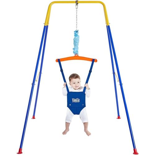 FUNLIO Baby Jumper with Stand for 6-24 Months, Infant Jumper for Indoor/Outdoor Play,Baby Bouncer for Baby Girl/Boy, with Adjustable Chain, Easy to Assemble & Store (with Stand) - Blue