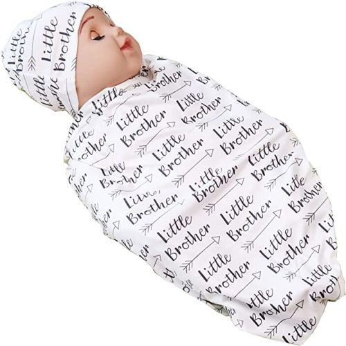 Newborn Swaddle Blanket with Beanie Set,Soft Stretchy Blanket for 0-3 Months Baby Boys and Girls (Brother)