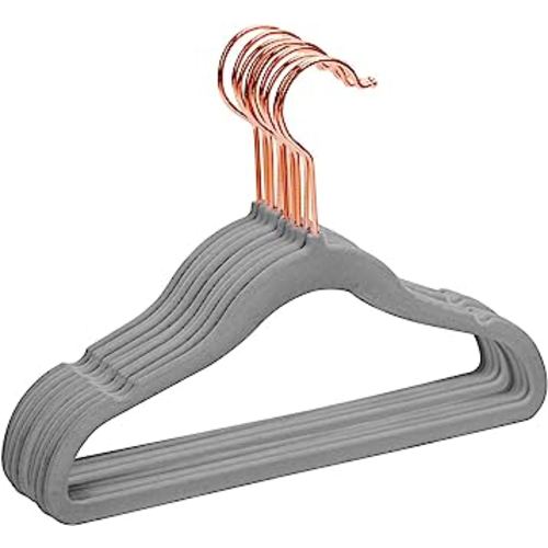 MIZGI Premium Kids Velvet Hangers (Pack of 50) with Copper/Rose Gold Hooks,Space Saving Ultra Thin,Non Slip Baby Hangers for Children's Skirt Dress Pants,Clothes Hangers by (Gray)