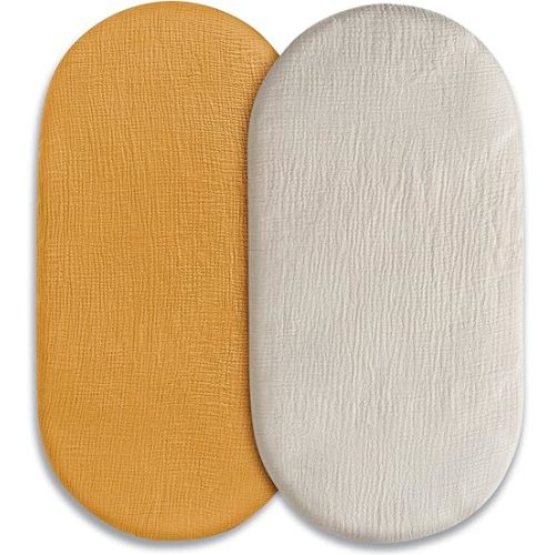Muslin Bassinet Fitted Sheets 2 Pack, Soft Breathable Cotton Baby Bassinet Mattress Sheet Set, 360° Elastic Snug Fit, Universal for Oval, Rectangle (Elegant Colors, Bassinet Sheets 2 Pack)