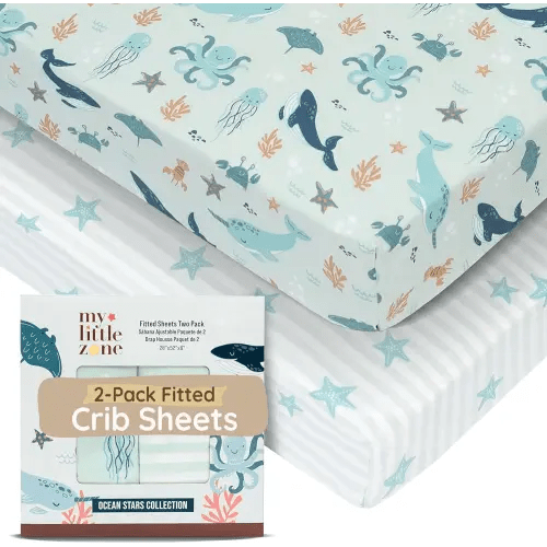 Ocean Crib Sheets for Boys & Girls Toddler Bed Sheets Cotton Fitted Crib Sheet Nautical Sets 28"x52", 8" Deep Pocket, Baby Mattress Sheet 2Pack 100% Cotton, Designed in France, Ocean Stars, Teal White