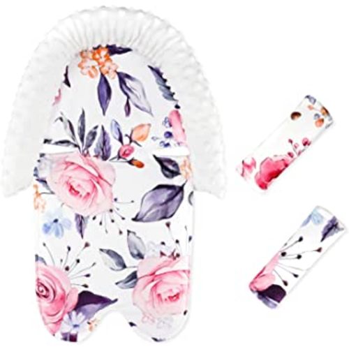Pea Pod Baby Car Seat Head Support and Body Support with 2 Strap Covers, Ultra Soft Warm Minky Dot Fabric Backing, Baby Essential for Newborn, Stylish Floral Printed