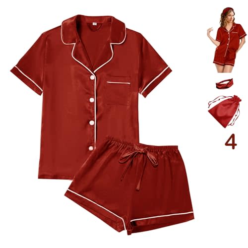 WJing Yi Jia Womens Satin Silky Pajama Sets Short Sleeve Shirt XS-4XL Floral Pajamas Set Soft PJ Loungewear Sleepwear