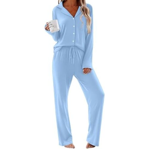 Ekouaer Pajamas for Women Set Button Up Pjs 2 Piece Long Sleeve Lounge Sets