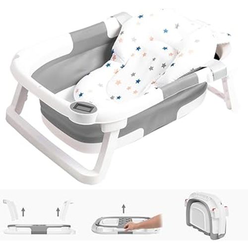 Collapsible Baby Bathtub,Baby Bath Tub with Soft Cushion & Thermometer,Baby Bathtub Newborn to Toddler 0-36 Months,Portable Travel Baby Tub (Gray)