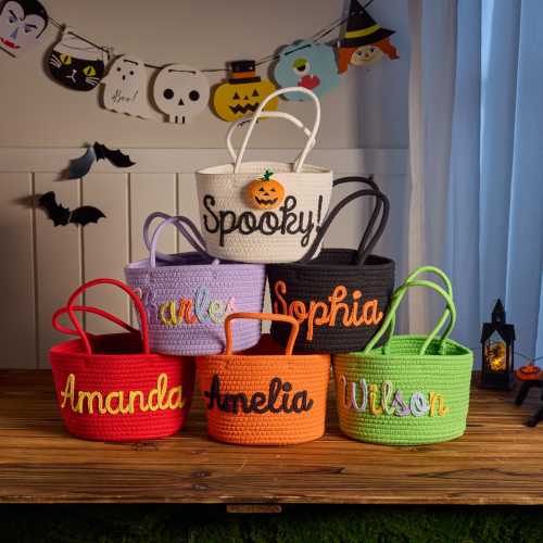 Custom Name Halloween Candy Basket, Personalized Cotton Trick or Treat Bag, Kids Candy Basket, Boo Basket, Halloween Gift, Fall Decor