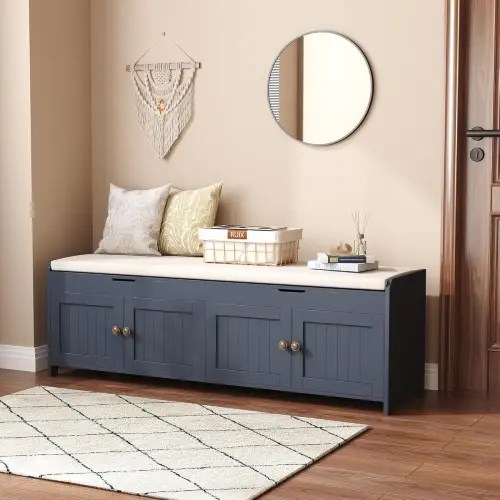 54.4" Shoe Bench with Lift Top Storage,Entryway Storage Bench with Cushioned Seat and 4 Doors