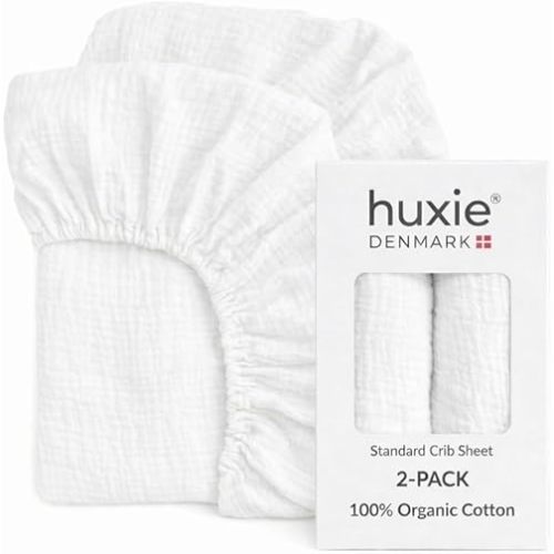Huxie Crib Sheets – Organic Cotton Muslin Fitted Crib Sheet – Standard Size for Baby Boy and Baby Girl 28" x 52" Ultra-Soft and Breathable. 2-Pack(Soft White)