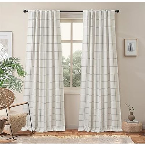 DriftAway 100% Blackout Plaid Linen Curtains 84 Inches Long 2 Panels Gray