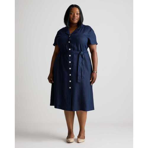 European Linen Button Front Dress - in Deep Navy