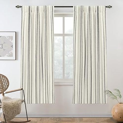 DriftAway Farmhouse Linen Blend Blackout Curtains 63 Inches Long for Bedroom Vertical Striped Printed Linen Curtains Thermal Insulated Lined Treatments for Living Room 2 Panels W52 x L63 Linen Black