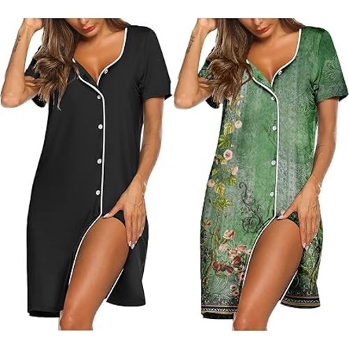 Ekouaer Nightgowns for Women 2 Pack Button Down Sleepshirt Short Sleeve Nightshirt Soft Sleepwear V Neck Pajama Dress
