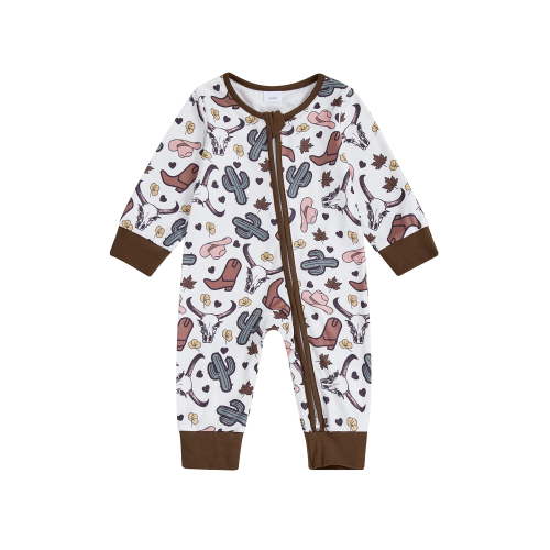 BemeyourBBs Newborn Baby Boy Western Cowboy Outfit Fall Romper Horse/Cactus Print Long Sleeve Zip Jumpsuit Clothes