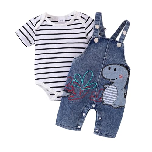 ODIMAME Baby Boy Clothes Newborn Striped Romper Summer Outfits + Infant Cartoon Animals Jeans Suspender Overalls 0-18 Months