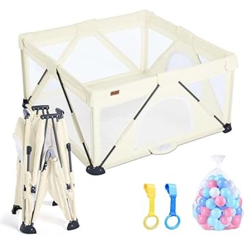 Baby Playpen Foldable, Playard for Babies and Toddlers, Portable Playpen Activity Center with 50 Balls+2 Handles for Travel, Indoor & Outdoor Play Pen with Mesh 50''x50''