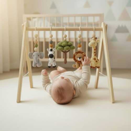 Safari Baby Gym Wooden Play Gym with Crochet Elephant Zebra Lion Giraffe | Montessori Baby Activity Gym | Jungle Nursery Decor | Baby Gift