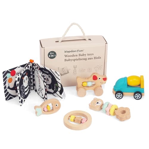 Wooden Baby Toy 6pcs, Montessori Toys for Babies 1-3 Years Old, Wooden Rattles Soft Book Car Toy Set for Infant Grasping, Sensory Development, Gift for Baby Boys Girls