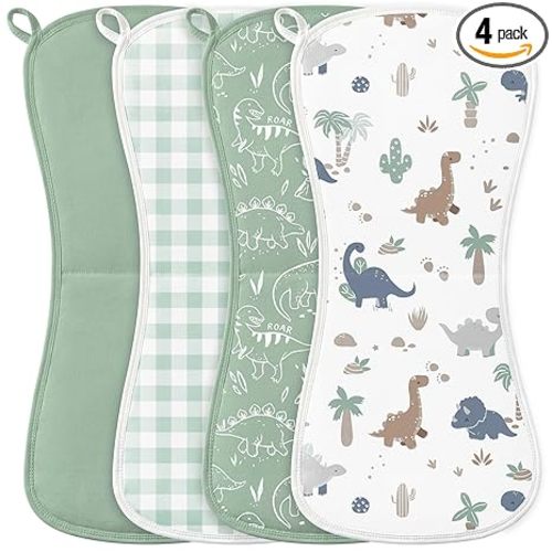 Burp Cloths Baby Boy, Large 21'' X 10'' Cotton Burping Cloths for Babies, Ultra Soft and Absorbent Burp Rags, 4 Pack Set Washcloths Newborn Spit Up Rags Green Dinosaur