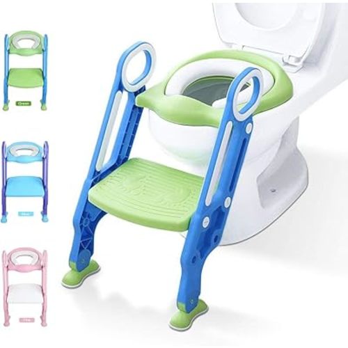 KATARUS Potty Training Toilet Seat with Step Stool Ladder for kids and baby Adjustable Toddler Toilet Training Seat with Soft Not-Cold Padded Seat Safe Handles and Non-Slip Wide Steps, Blue-Green