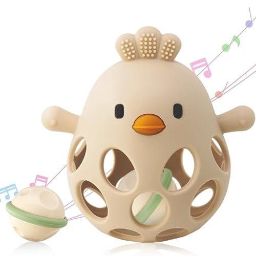 2-in-1 Baby Teething Rattle Toy, Sensory Grasping Teether for Infants 3-12 Months, 100% Food-Grade Silicone, Easy to Hold, Soothing & Developmental, BPA Free