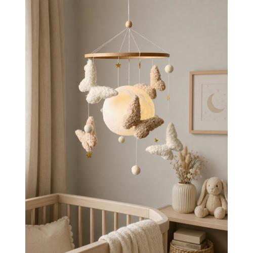Handmade Butterfly Moon Crib Mobile, Neutral Boho Nursery Decor
