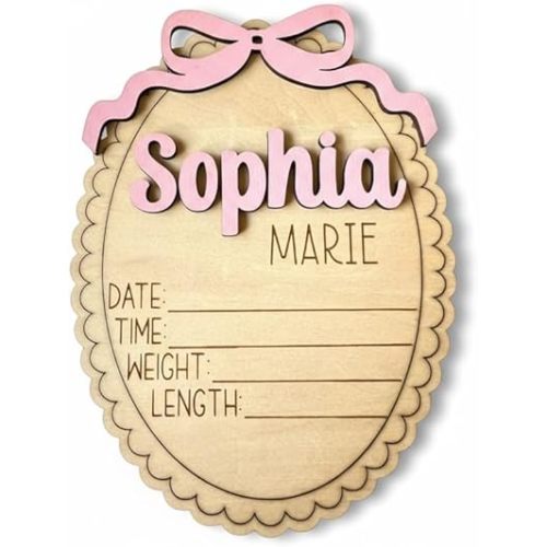 Personalized Baby Announcement Sign with Bow, Custom 3D Layered Scalloped Edge Name & Birth Stat Board for Newborn Photos (Stat Sign)