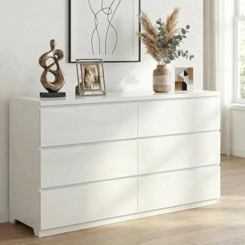 White Dresser for Bedroom with 6 Deep Drawers, 47" Wide Modern Chest of Drawers, Wooden Dresser TV Stand,Storage Organizer for Living Room,Hallway
