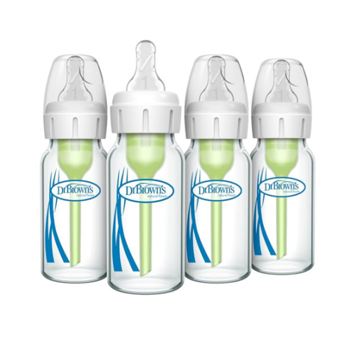 Dr. Brown's Natural Flow Anti-Colic Options+ Narrow Glass Baby Bottle 4 oz/120 mL, with Level 1 Slow Flow Nipple, 4 Pack, 0m+