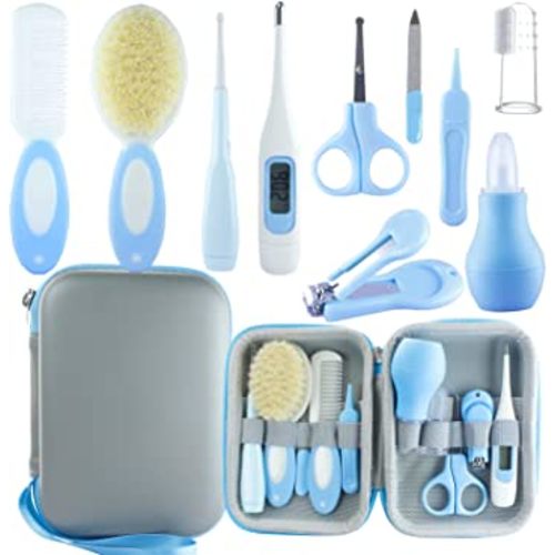 Baby Grooming Kit, Baby Essentials for Newborns, Portable Baby Care Kit, Contains Baby Nail Clippers, Baby Comb, Baby Brush, Baby Ear Wax Removal Tool and More (10 in 1) (Blue)
