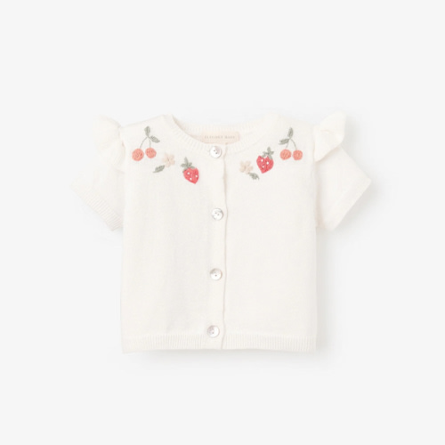 Strawberry Flutter Sleeve Hand-Embroidered Baby Cardigan – Elegant Baby