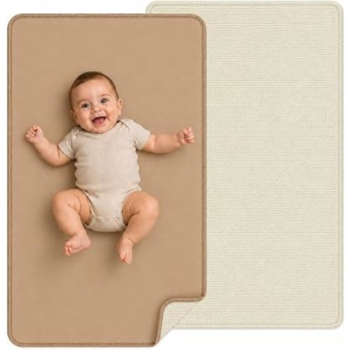 Waterproof Vegan Leather Changing Mat, Portable Changing Pad, 16 x 30 Inch Travel Changing Pad, Foldable Wipeable Baby Diaper Changing Mat for Diaper Bag (Tan/Off White)