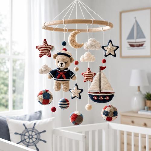 Crochet Nautical Baby Mobile, Sailor Bear Crib Mobile, Sailboat Nursery Decor, Navy Red Boy Baby Shower Gift, Handmade Mobile