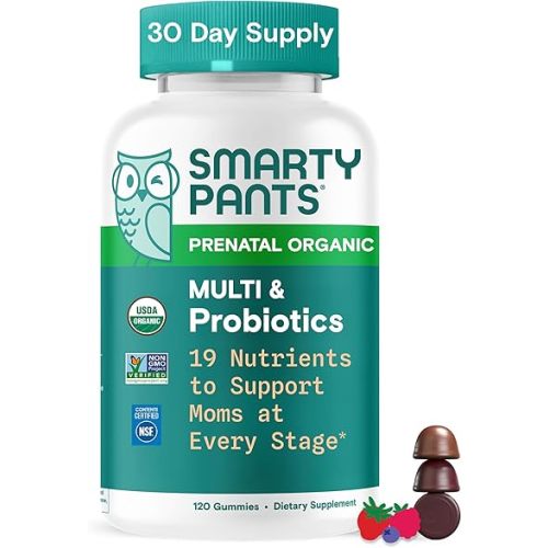 SmartyPants Organic Prenatal Vitamins for Women, Multivitamin Gummies: Probiotics, Biotin, Methylfolate, Omega 3 (ALA), Vitamin D3, C, Vitamin B12, B6, A, K2 & Zinc, Choline, 120 Count (30 Day Supply)
