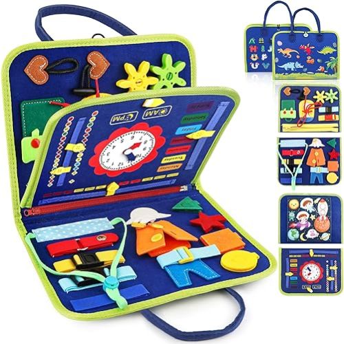 Toddler Busy Board, Montessori Sensory Toys for Boys, 1-4 Year Old Girl Toddler Travel Toys, Educational Learning Activities Board for Motor Skills, Birthday Gifts for Airplane Car, Blue Dinosaur