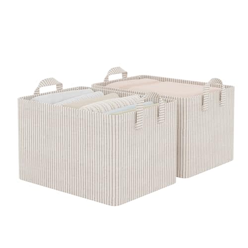 StorageWorks Storage Bins, Fabric Storage Bins for Shelves, Large Storage Baskets with Metal Frame, Closet Baskets and Bins with Handles, Khaki and Beige Stripes, 2-Pack