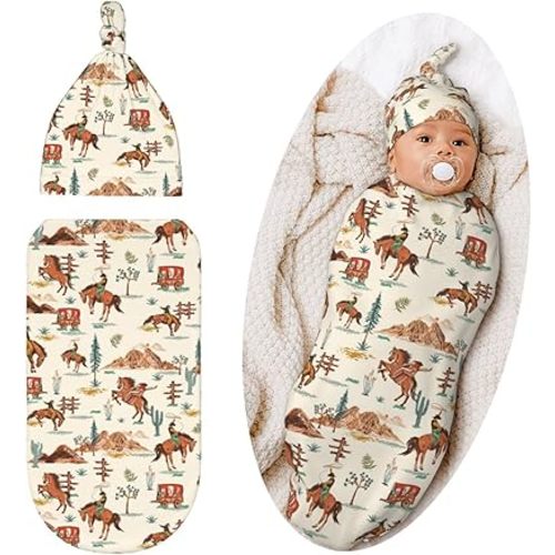 Western Style Swaddle Blanket with Hat for Baby, Swaddling Sleeping Sacks Unisex Baby Stuff, Western