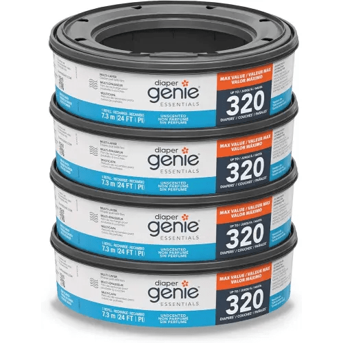 Diaper Genie Essentials Round Refill Pack of 4 | Holds Up to 1280 Newborn Diapers | Features Unscented Continuous Film | Compatible with Diaper Genie Complete and Expressions Pails