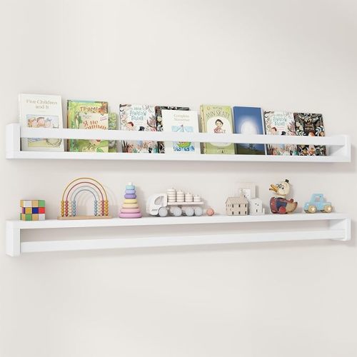 Fun Memories Nursery Book Shelves Set of 2, 48 Inch Solid Wood Wall Book Shelves, Kids Room Floating Shelves Organizer & Toy Storage, Dark Brown Nursery Decor