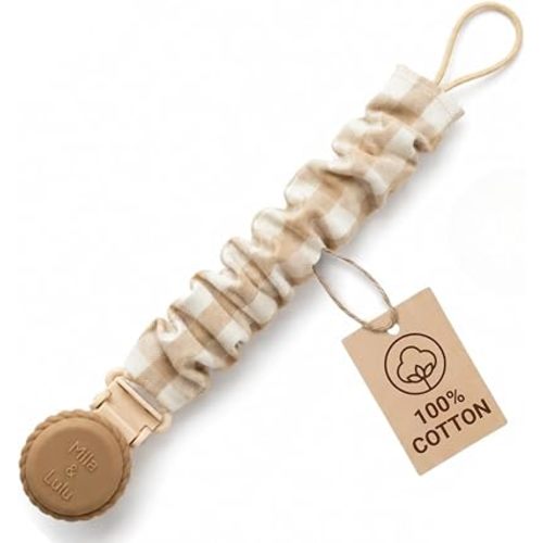 Muslin Cotton Pacifier Clips - Metal-Free, Lightweight and Secure Pacifier Holder for Babies (Hazel Miel) - Mila & Lulu