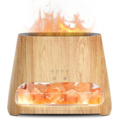SALKING 2-in-1 Ultrasonic Essential Oil Diffuser & Himalayan Salt Lamp, Aromatherapy Diffuser Cool Mist Humidifier with Auto Off Function, 100% Pure Himalayan Pink Salt Rock, 150ml (Wooden Grain)
