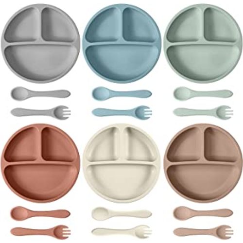 18 Pcs Baby Suction Plates Toddler Divided Plate Set Silicone Baby Plates with Forks and Spoons Baby Plates with Suction Toddler Utensils for Baby Kids Dishwasher Microwave Safe (Macaron Color)