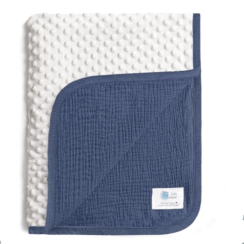lulumoon Baby Blankets for Boys Newborn: Reversible Muslin & Minky Dotted Backing - Thermal Receiving Blanket for Stroller & Registry Gift 30"x40"(Blue)