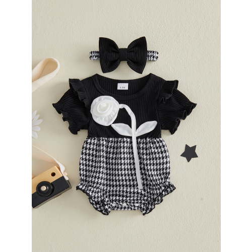 Loicainy Infant Baby Girl Summer Houndstooth Bodysuit 3 6 9 12 Months Short Sleeve O Neck 3D Flower Decor Romper with Headband