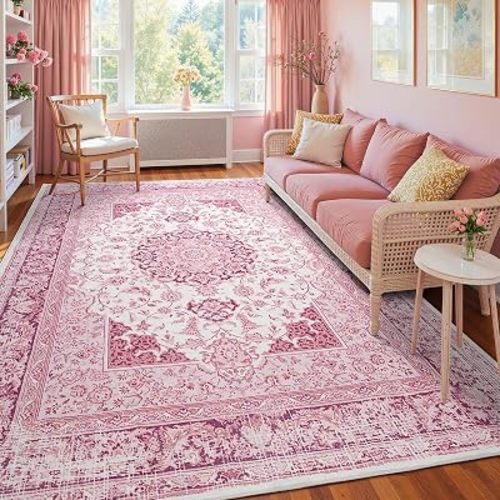 Macgace Washable Vintage Area Rug for Living Room, 6x9 Rugs Bright Pink