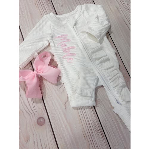Baby girl pink embroidered footies, zipper footies, coming home outfit, name reveal romper