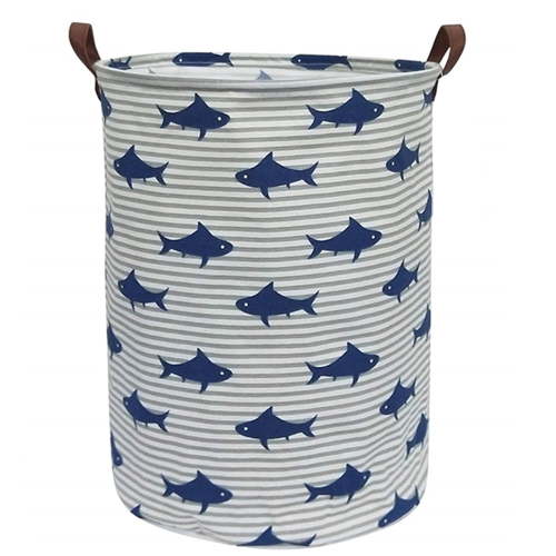 Shark Decor - Large Sized Storage Baskets with Handle, Collapsible & Convenient Home Organizer Containers for Kids Toys, Baby Clothing ( Round - Dark Blue Shark )