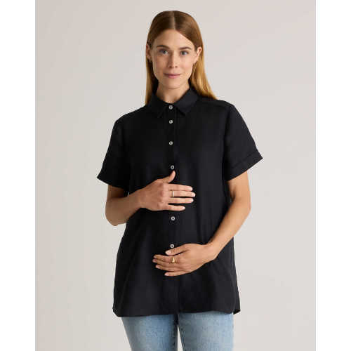 100% European Linen Maternity Camp Shirt in Black