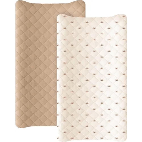 Konssy Waterproof Muslin Changing Pad Cover 2 Pack, Quilted Cotton Fitted Diaper Chang Table Cover, Soft Changing Pad Sheets for Girls Boys (Camel,Sun)