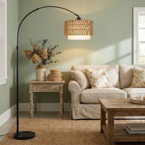 Modern Arc Floor Lamp - Dimmable LED, Rattan & Linen – CuddleFlora